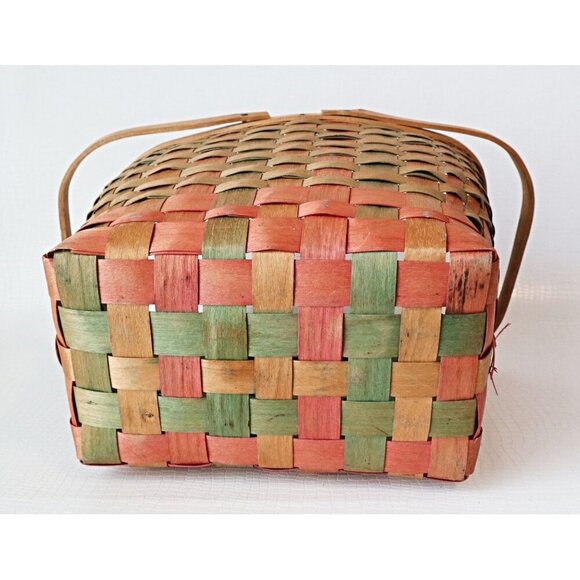 Rustic Market Basket Vintage Splint Wood Open Top Picnic Hamper Double Swing-Ha - Picture 5 of 7